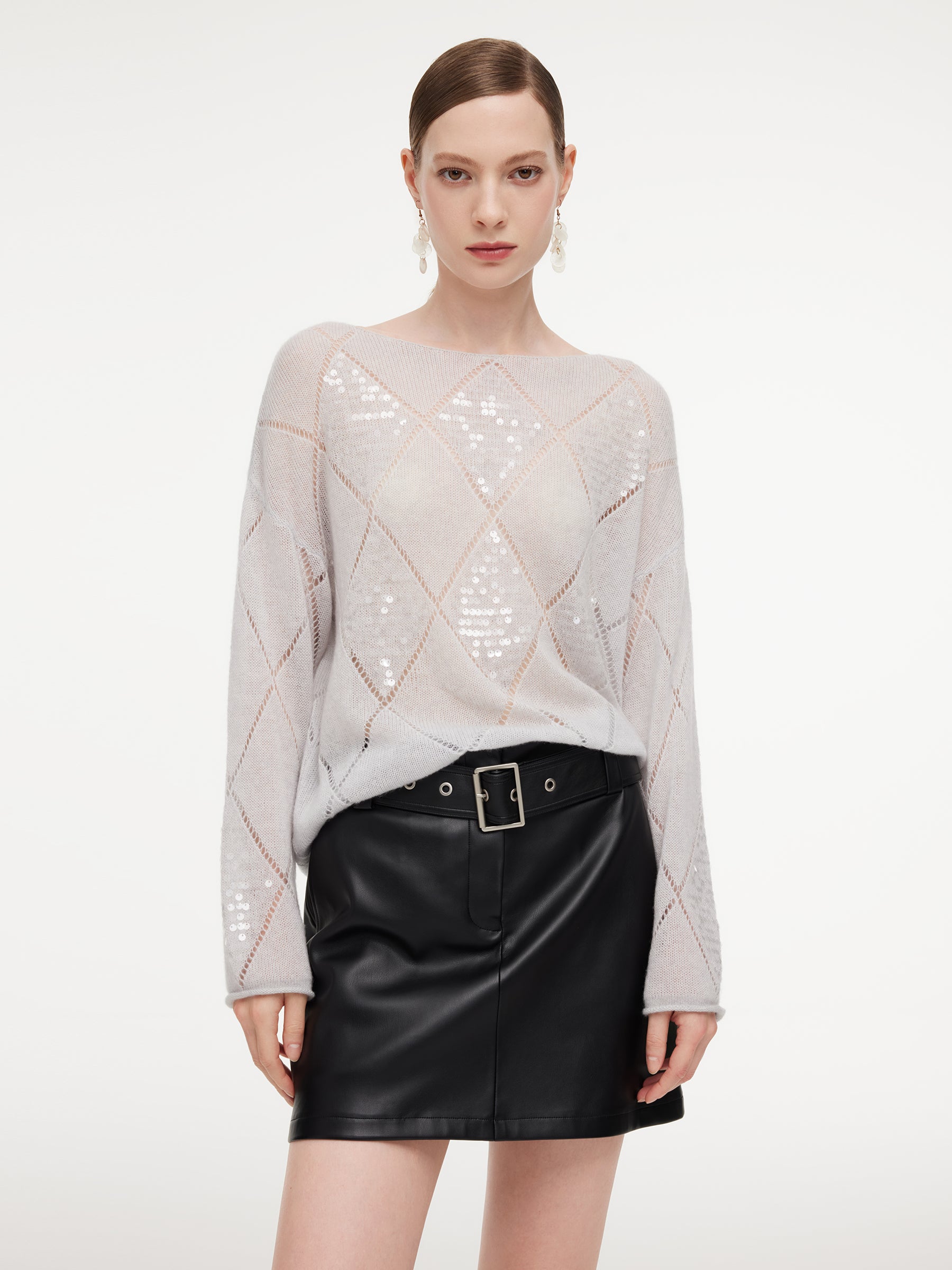 Lyocell Wool Cashmere Blend Sequins Women Open-Knit Sweater GOELIA