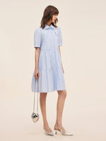 100% Cotton Women Puff Sleeve Mini Dress With Ribbon GOELIA