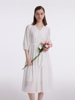White V-Neck Gathered Waist Midi Dress GOELIA