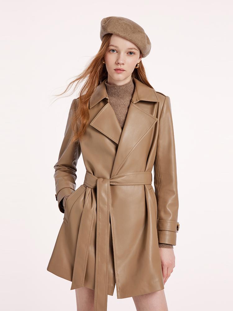 Synthetic Leather Mid-Length Women Trench Coat With Belt GOELIA