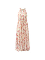 10 Momme Mulberry Silk Iris Printed Halter Ruffle Women Maxi Dress GOELIA