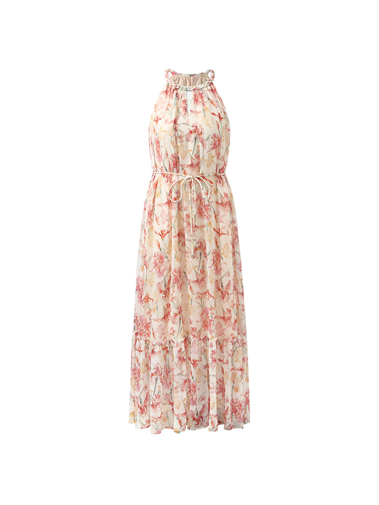 Robe mi-longue asymétrique Maje rose noir fleurs 40 - Vêtements