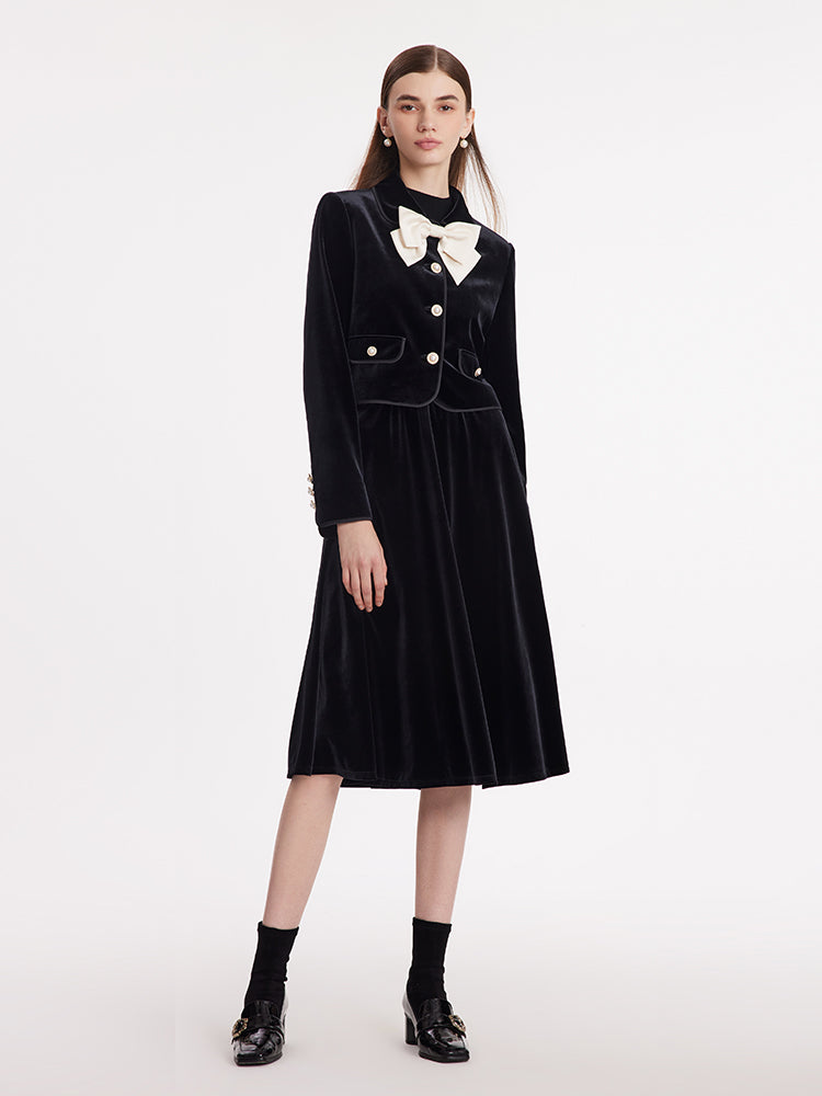 Velvet Crop Jacket And Skirt TwoPiece Suit With Detachable Bowknot
