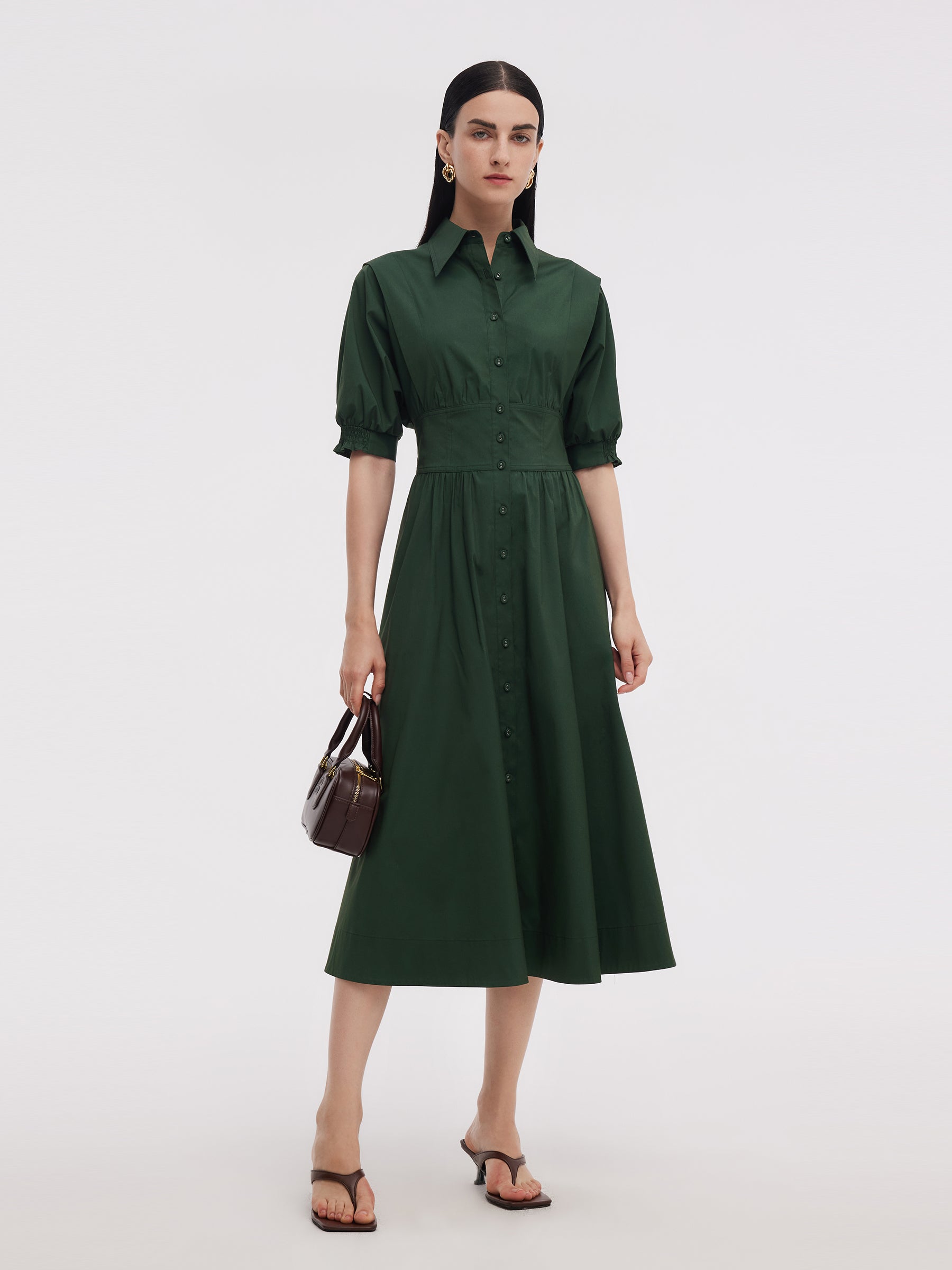 Dark Green Gathered Waist Women Maxi Shirt Dress GOELIA