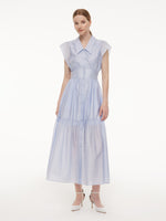 Tencel Acetate Blend Ruffle Cap Sleeve Women Maxi Dress With Ribbon GOELIA