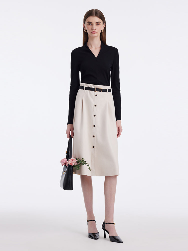 V-Neck Slim Knit Top And Half Skirt Vintage Two-Piece Set With Leather Belt GOELIA