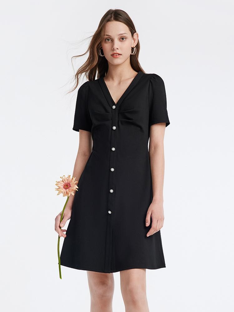 Pleated V neck Gathered Waist Mini Dress