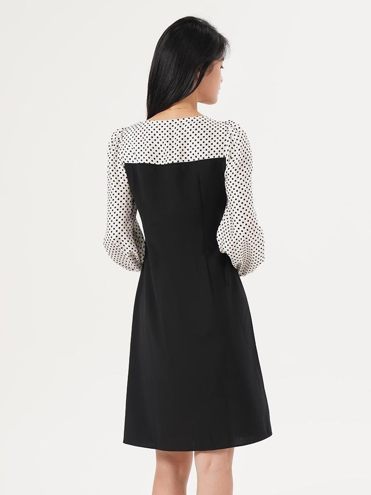 Worsted Wool Patchwork Gathered Waist Dress GOELIA