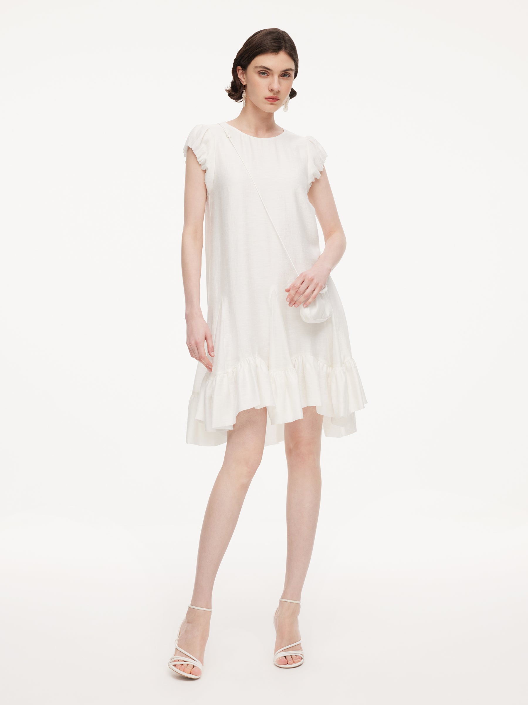 Lyocell Acetate Linen Blend Ruffle Hem Women Mini Dress With Crossbody Bag GOELIA