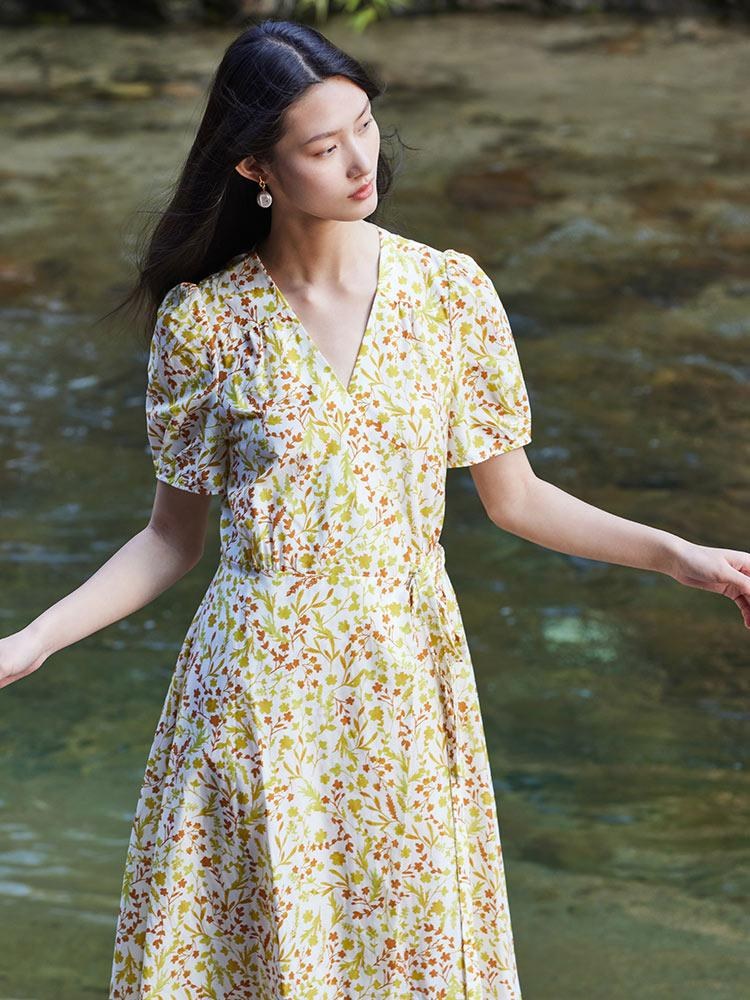 シルクとコットンフラワー プリント ラップ ワンピース – GOELIA