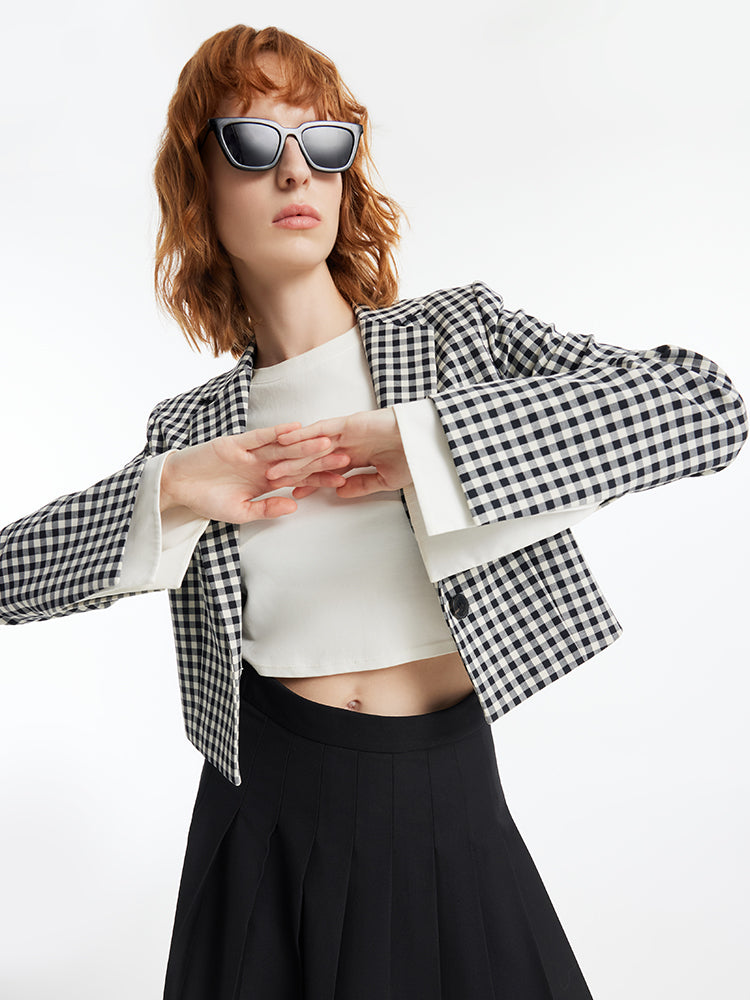 Black And White Check Women Crop Blazer GOELIA