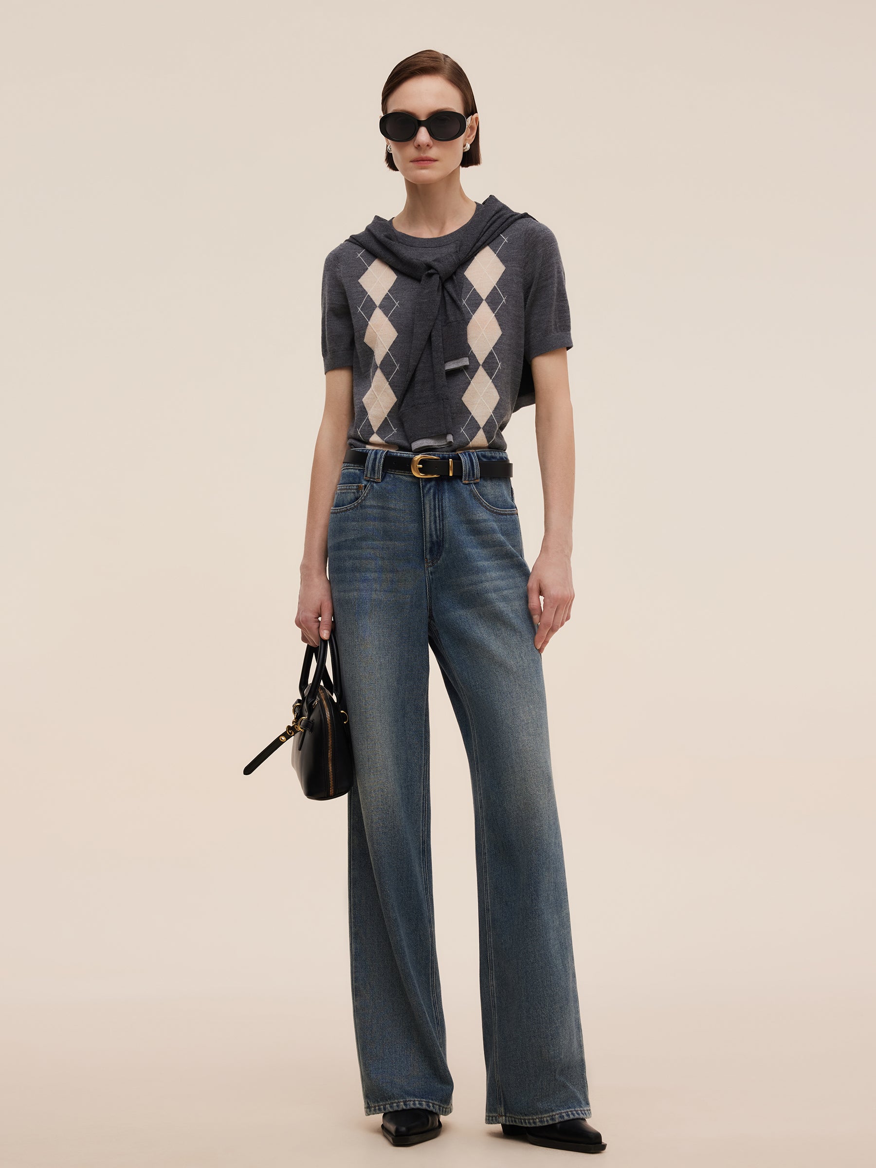 100% Machine Washable Wool Argyle Women Knit Top GOELIA