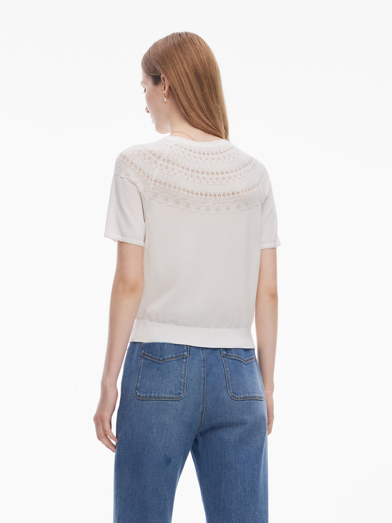 Tencel Blend Patchwork Bow Neck Women Knit Top