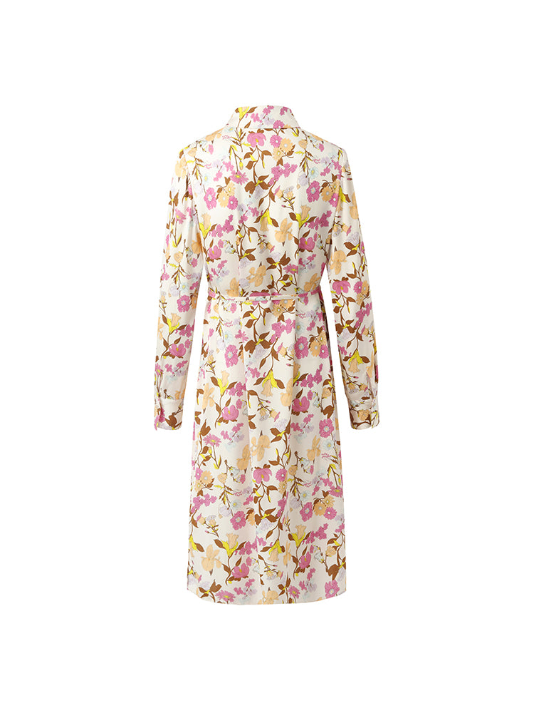 19 Momme Mulberry Silk Floral Printed Women Midi Dress With Belt GOELIA