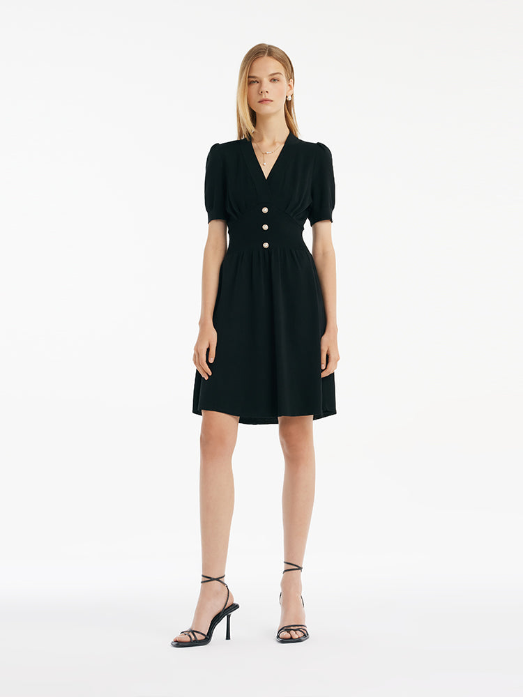 Tencel-Acetate Blend V-Neck Gathered Waist Women Mini Dress GOELIA