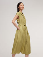 100% Linen Gathered Waist Women Self-Tie Belt Maxi Dress GOELIA