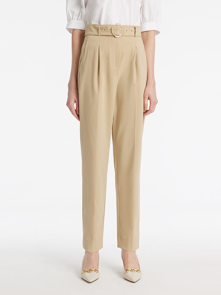 High-Waisted Ruched Tapered Women Pants With Belt GOELIA