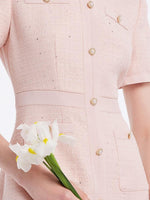 Gathered Waist Single-Breasted Sequins Tweed Mini Dress With Patch Pockets GOELIA