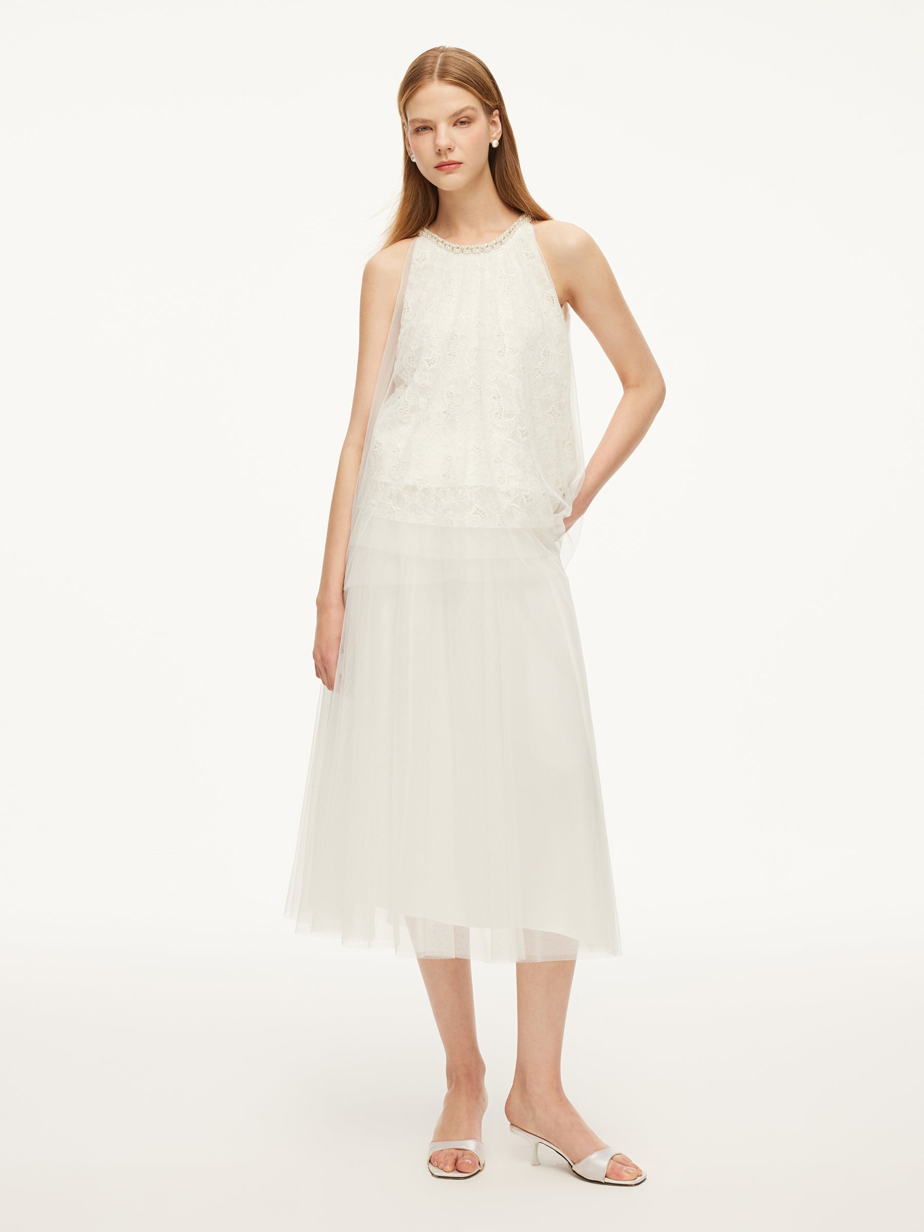 Lace Embroidered Sequins Halter Top And Mesh Skirt Two-Piece Set GOELIA