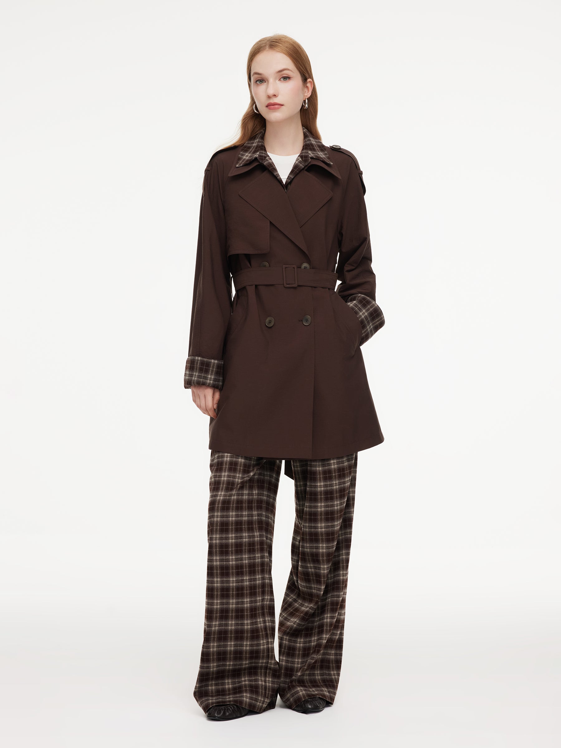 Mock Layered H-Line Women Belted Trench Coat GOELIA