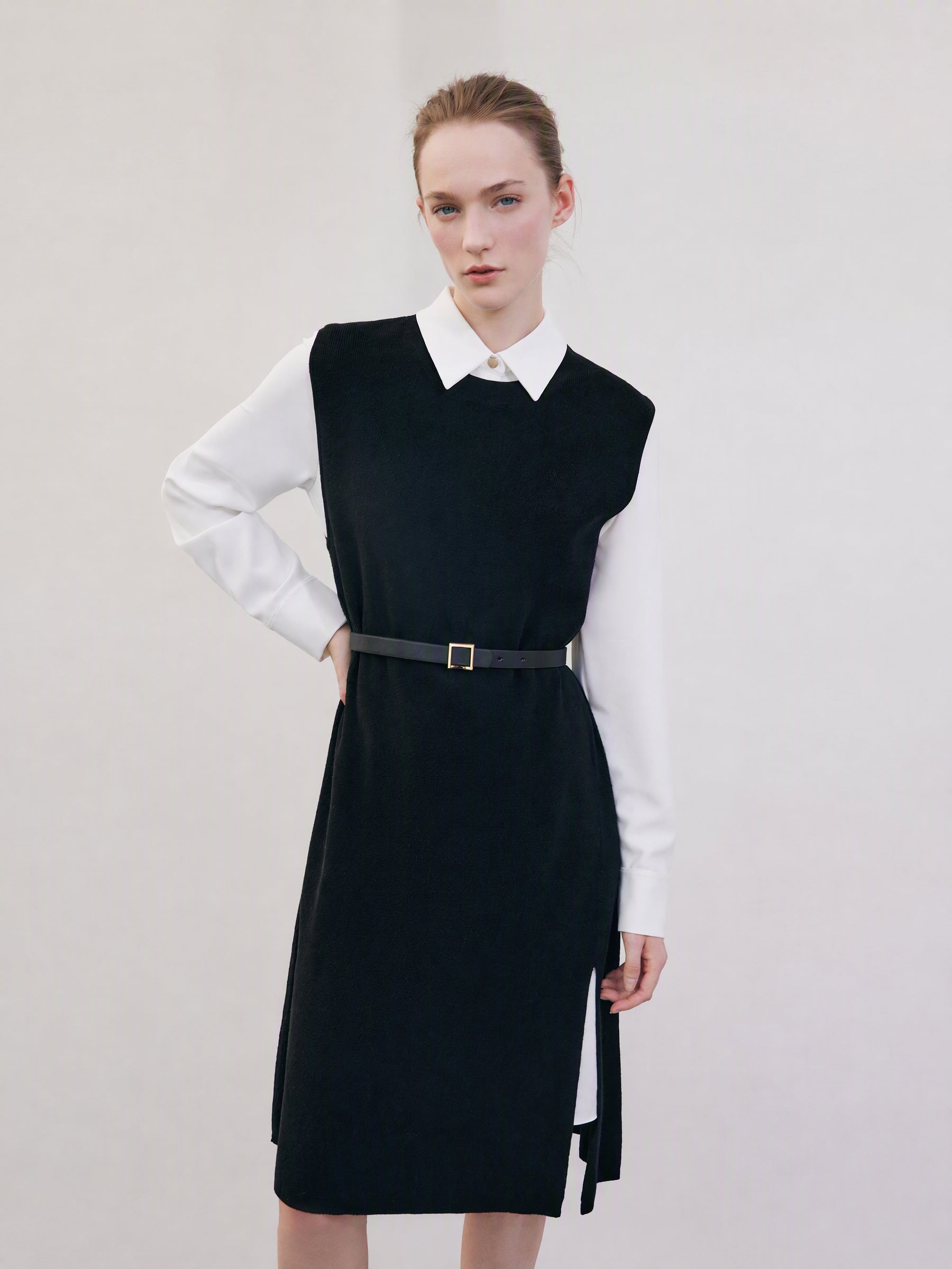 [Preview] Shirt Dress And Knit Sleeveless Dress Two-Piece Set With Belt GOELIA