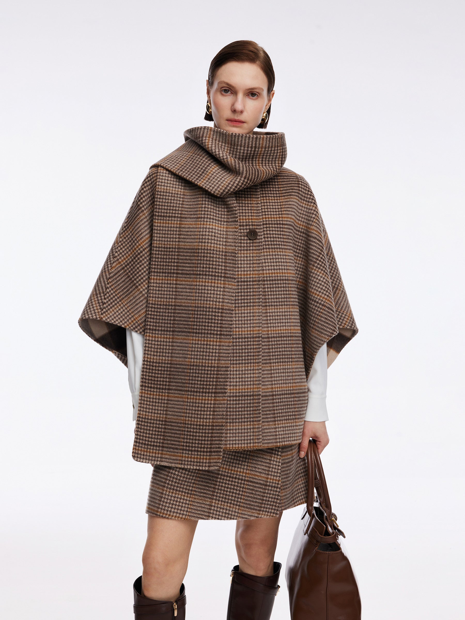 [Preview] Cashmere Wool Plaid Double-Faced Reversible Women Cape Coat With Scarf GOELIA