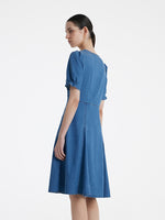 Denim V-Neck Gathered Waist Women Midi Dress GOELIA