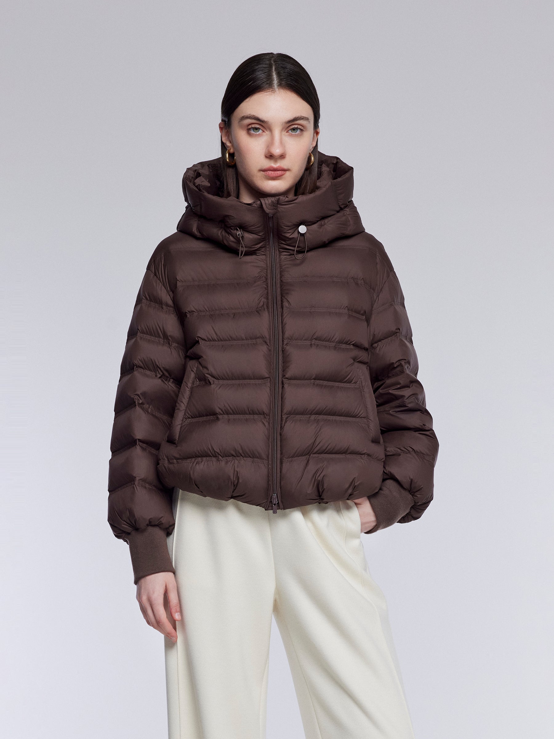 [Preview] Narrow-Quilted Goose Down Hooded Cropped Jacket GOELIA