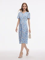 19MM Mulberry Silk Floral Print Women Midi Dress GOELIA