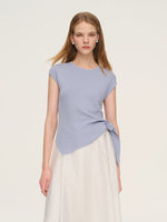 Tencel Blend Asymmetrical Hem Women Knit Top With Ribbon GOELIA