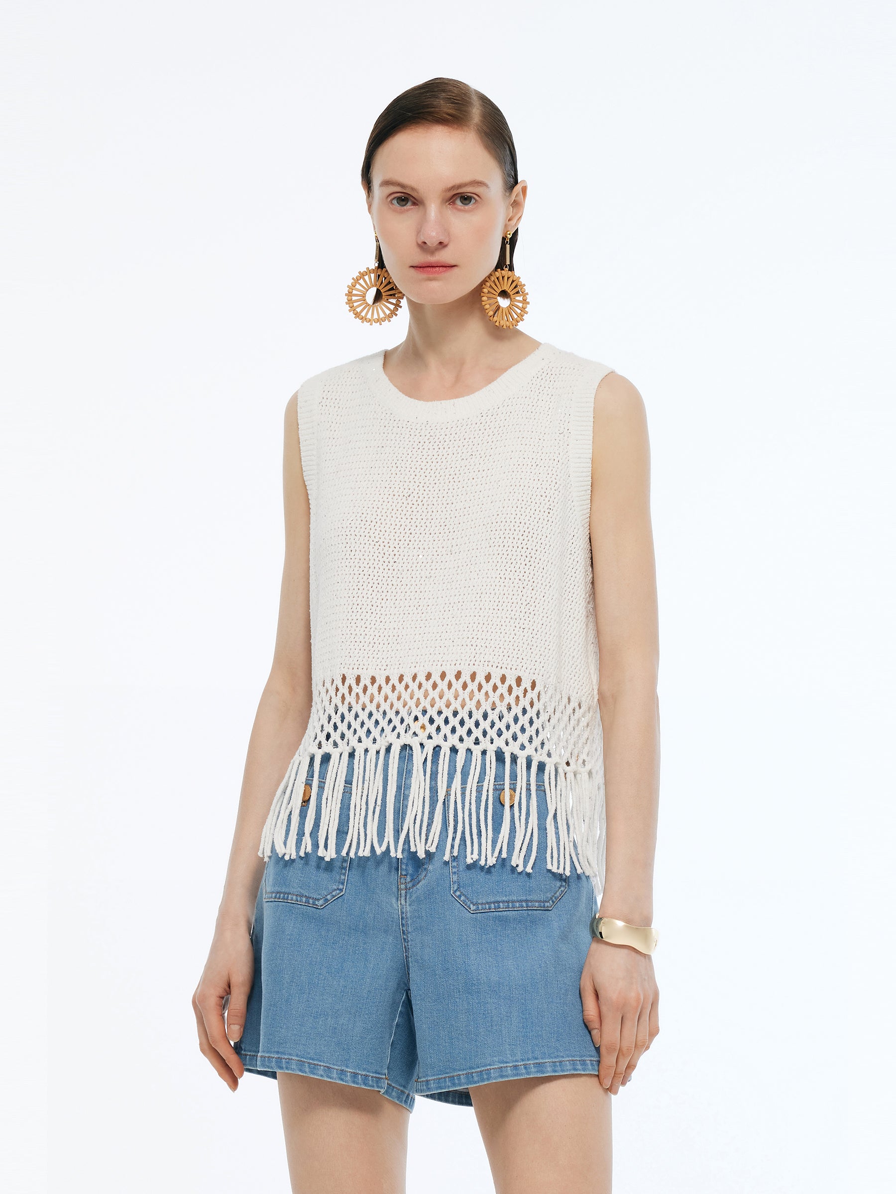 Sequins Tassel Hem Women Openwork Knit Tank Top GOELIA