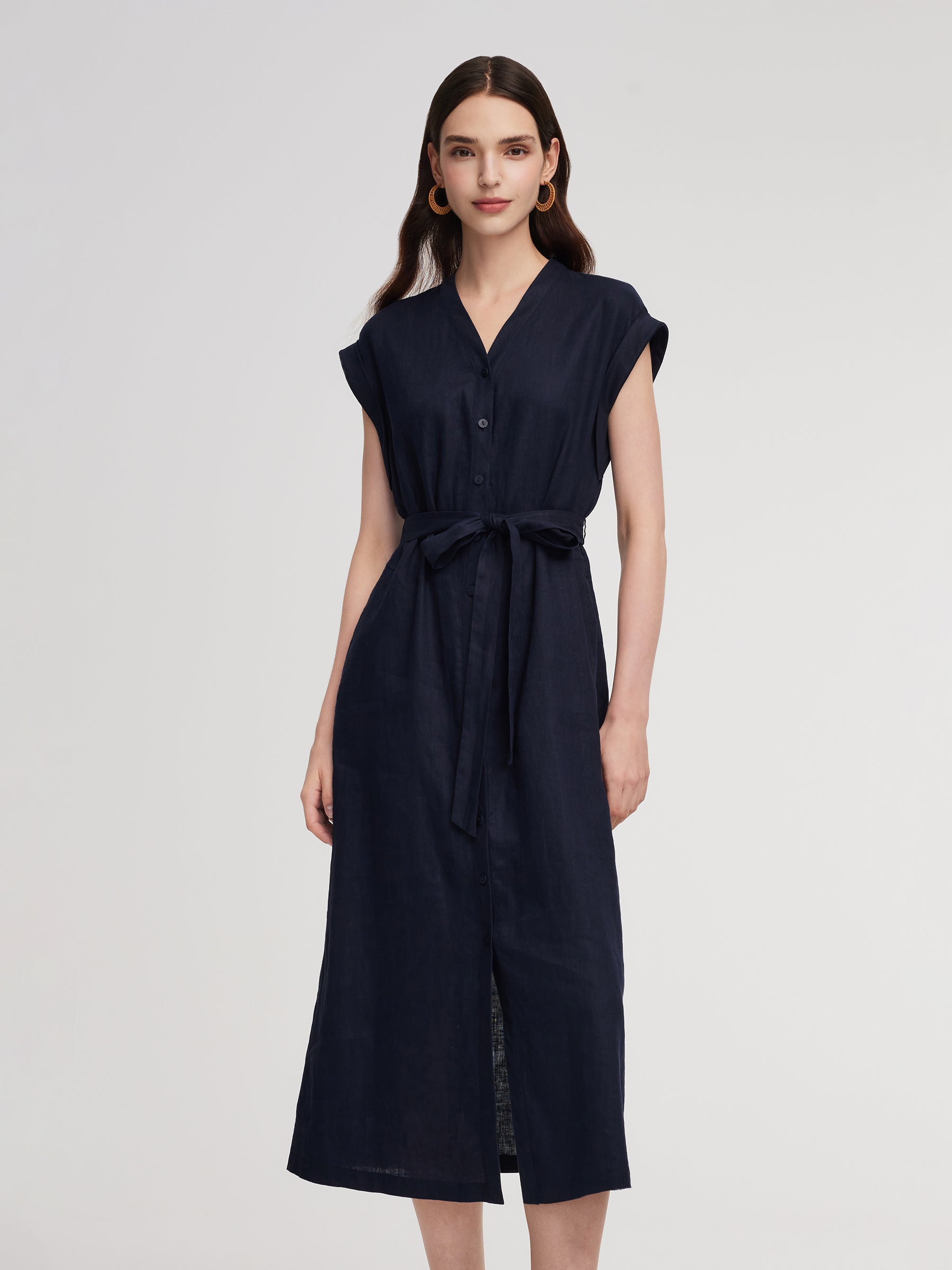 100% Linen V-Neck Women Self-Tie Belt Maxi Dress With Skirt Lining GOELIA