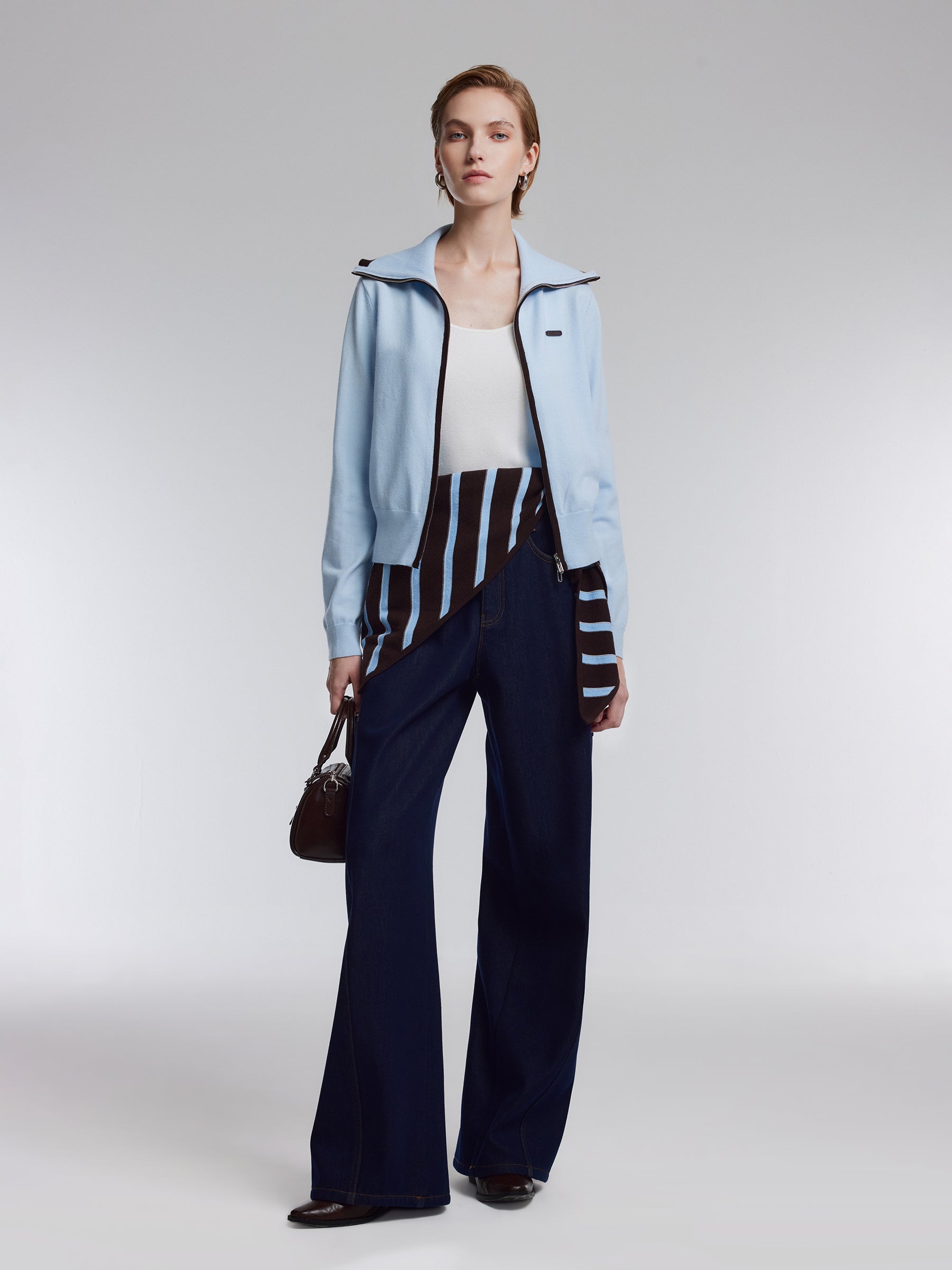 [Preview] Lyocell Wool Blend Contrast Trim Women Zip-Up Cardigan GOELIA