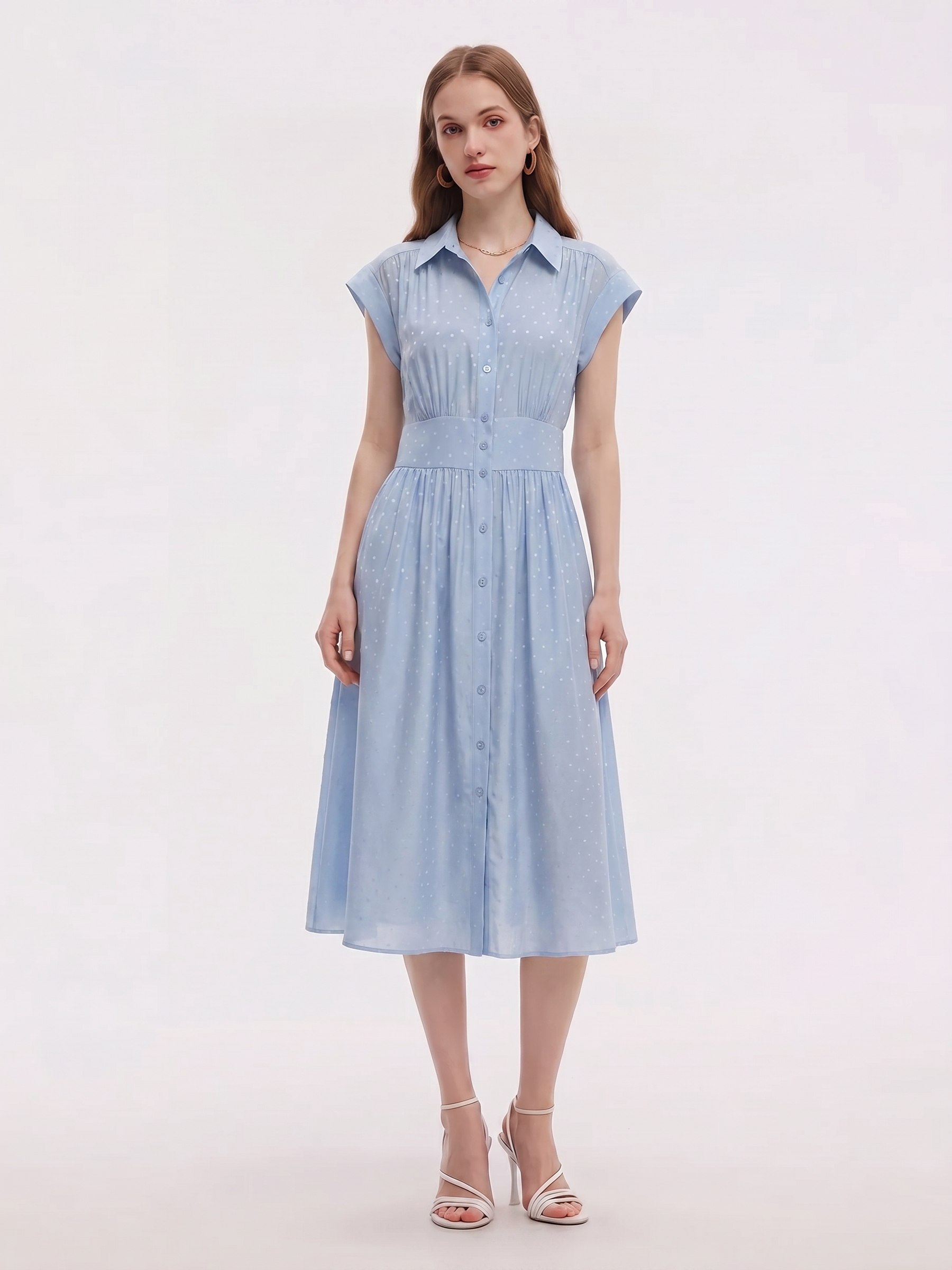 16.5MM Mulberry Silk Polka Dots Jacquard Women Maxi Shirt Dress GOELIA