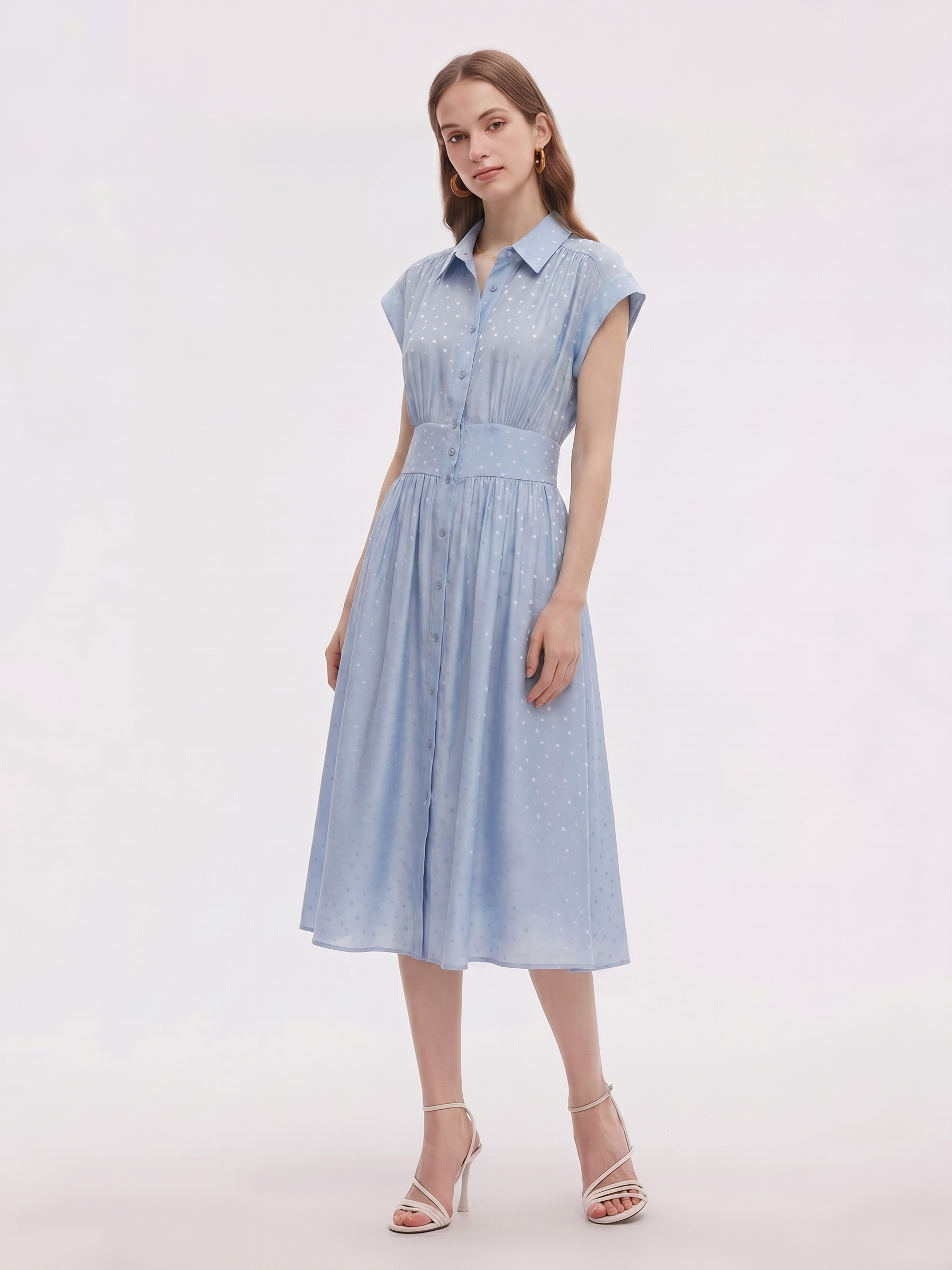 16.5MM Mulberry Silk Polka Dots Jacquard Women Maxi Shirt Dress GOELIA
