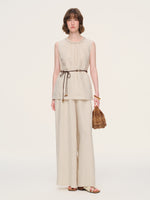 100% Linen Braided Neck Tank Top And Pants Two-Piece Set With Beaded Belt GOELIA