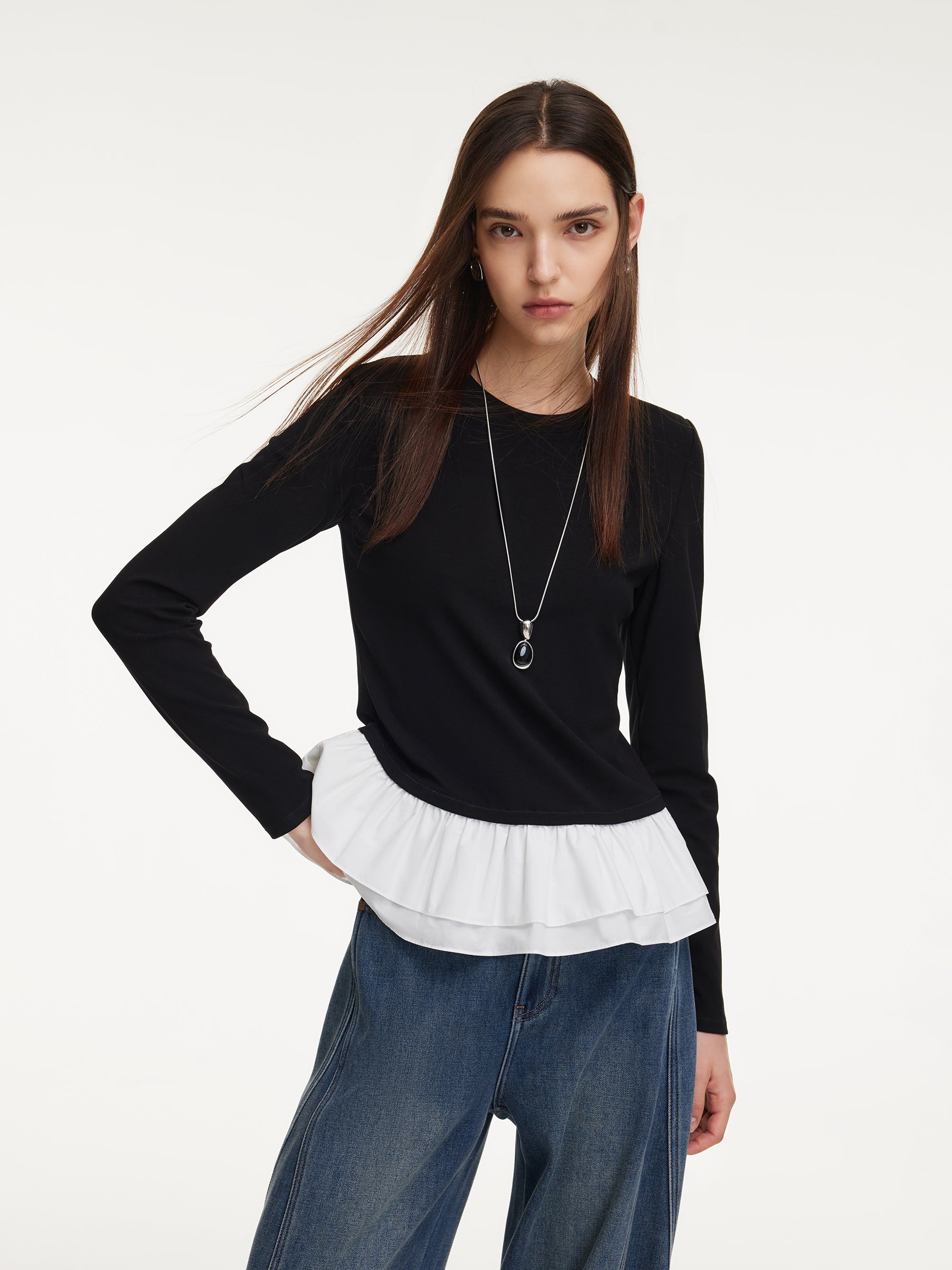 [Preview] Ruffle Hem Long Sleeve Women Knit T-Shirt GOELIA