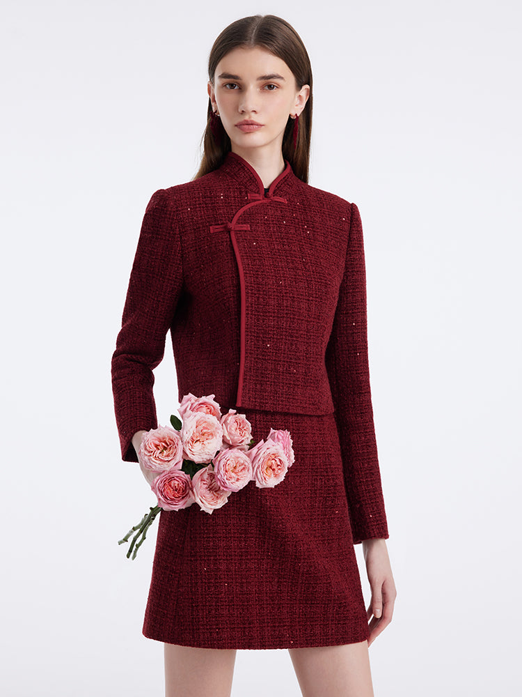 New Chinese-Style Mandarin Collar Crop Jacket And Skirt Two-Piece Set GOELIA