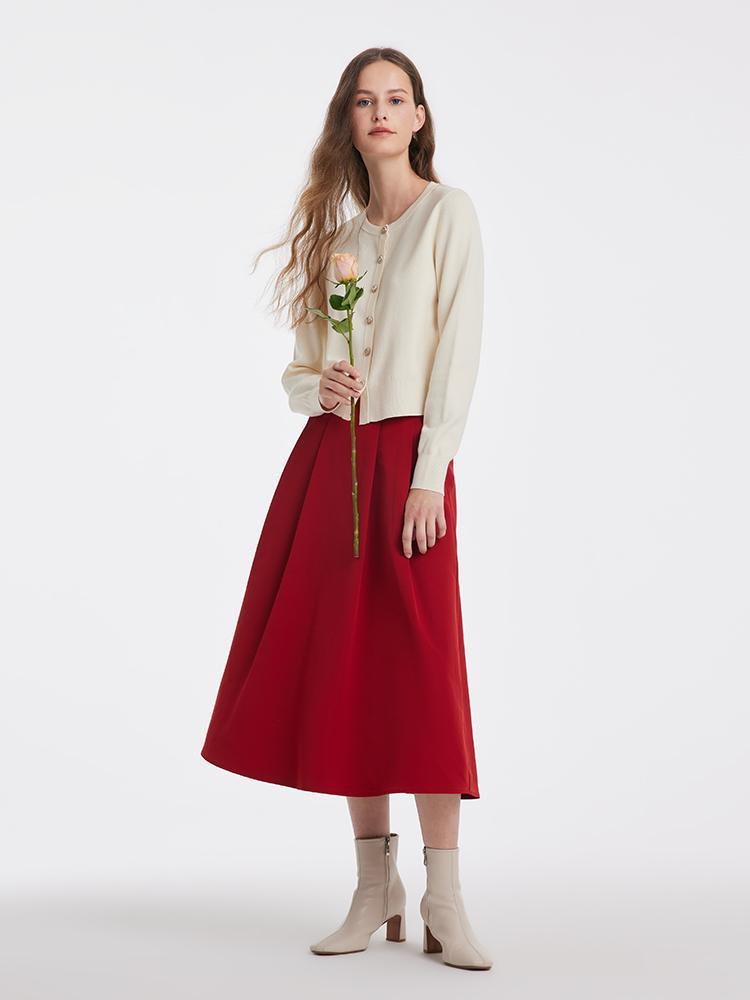 Tencel Wool Cardigan And A-Line Skirt With Polka Dot Scarf GOELIA