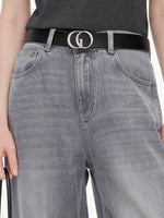 [Preview] Lyocell Cotton Blend Denim Women Straight Leg Jeans With Leather Belt GOELIA