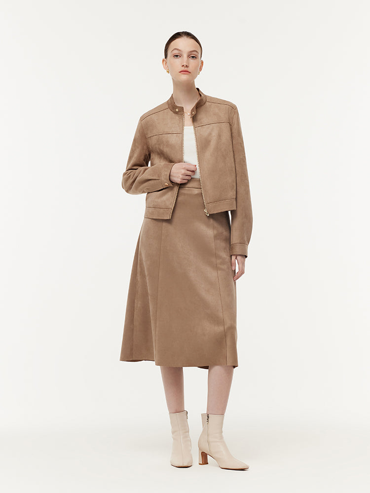 Suede Zip-Up Crop Jacket And Midi Skirt Two-Piece Set GOELIA