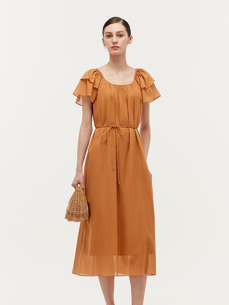 100% Cotton Ruffle Sleeve Women Midi Dress With Belt GOELIA