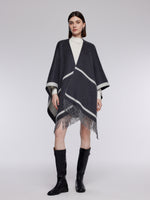 Cashmere Wool Contrast Border Fringed Poncho GOELIA