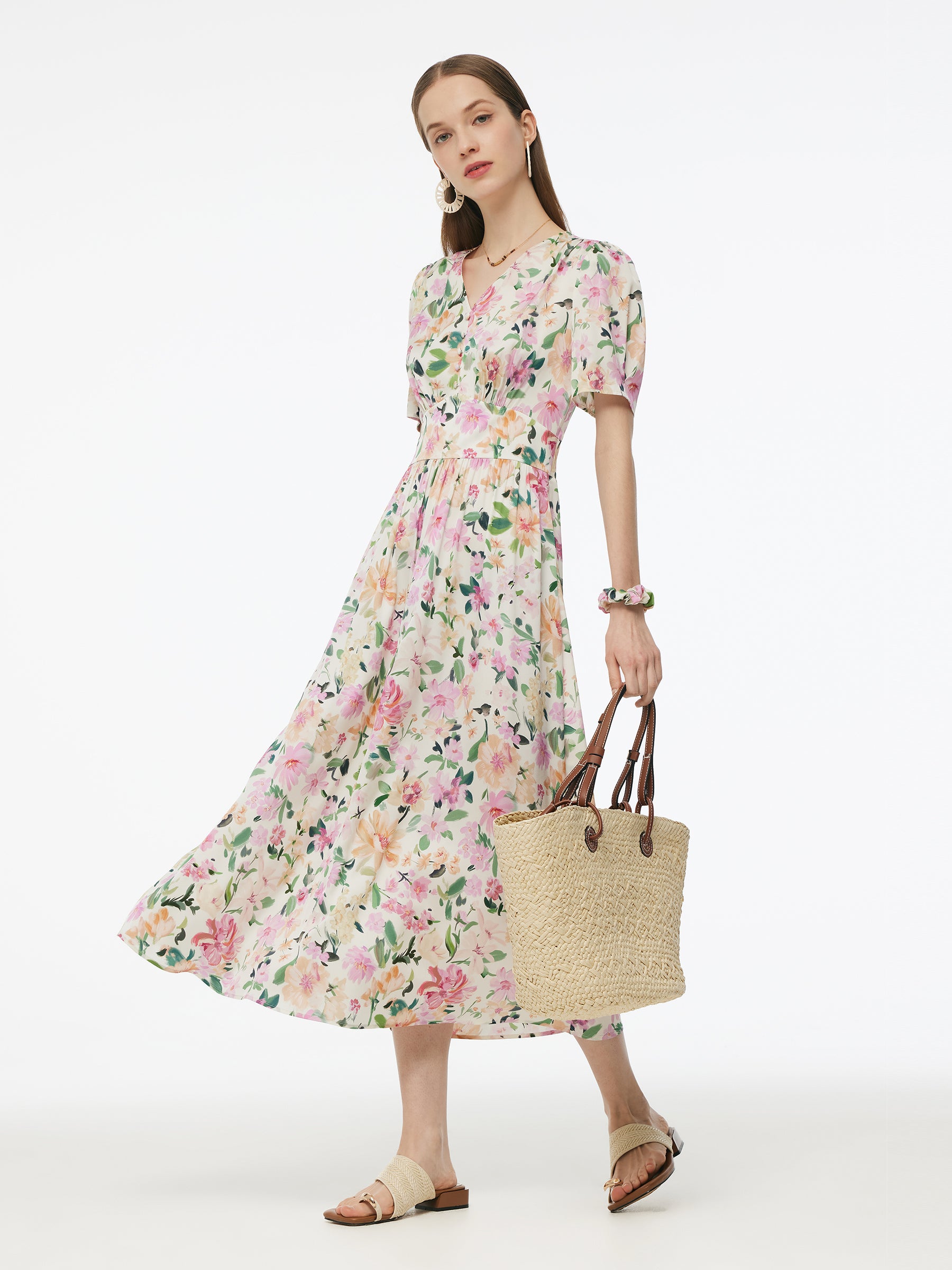 19MM Mulberry Silk Floral Print V-Neck Women Maxi Dress GOELIA