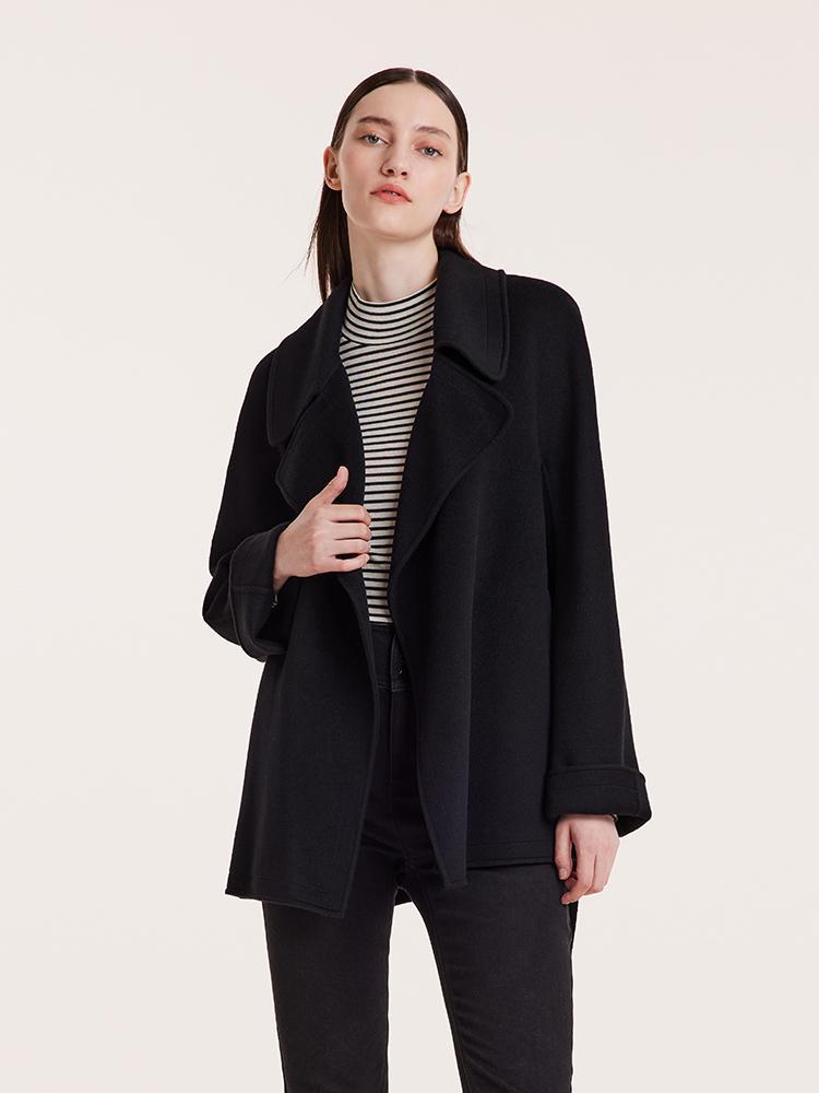 Tencel Wool Lapel Double-Faced Short Women Coat With Belt – GOELIA