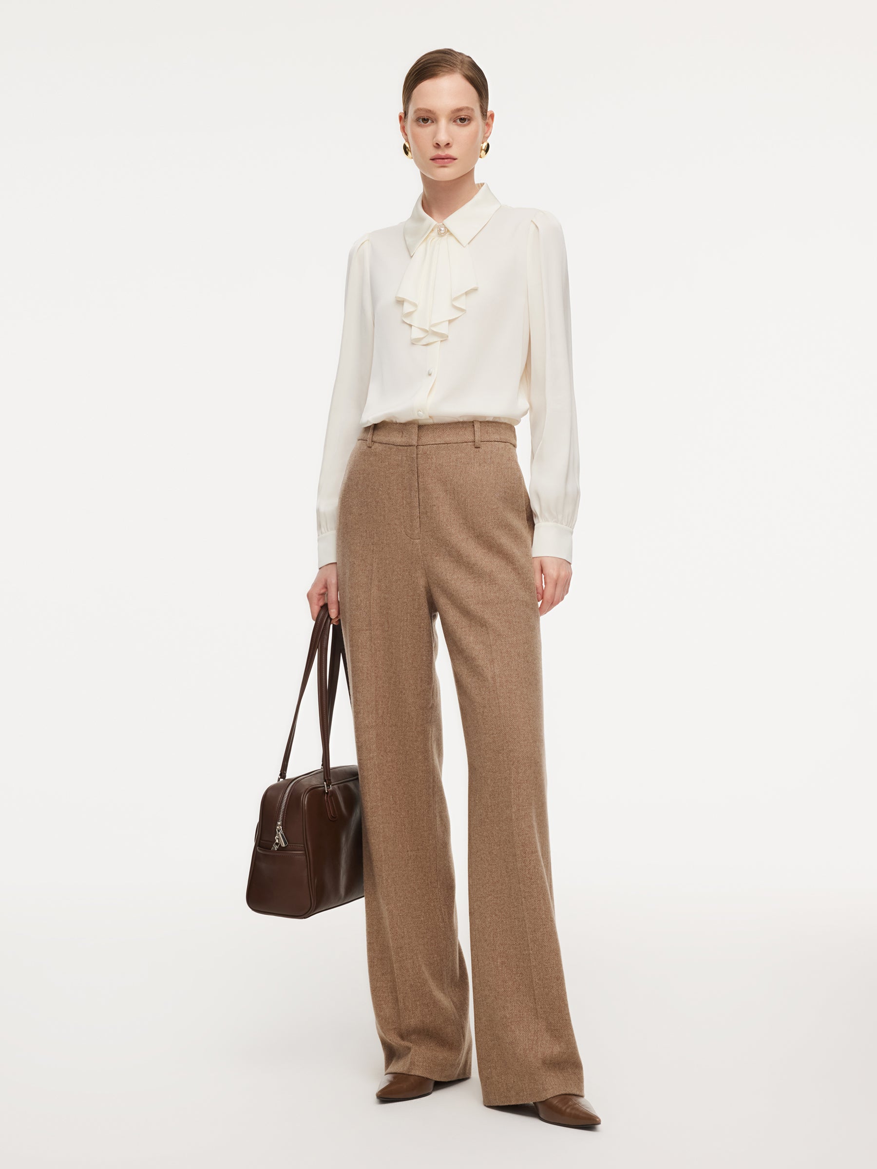 Washable Wool Cashmere Blend Straight Leg Women Pants GOELIA