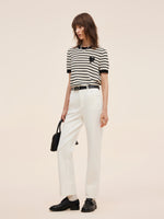 100% Cotton Stripe Women Openwork Knit T-Shirt GOELIA