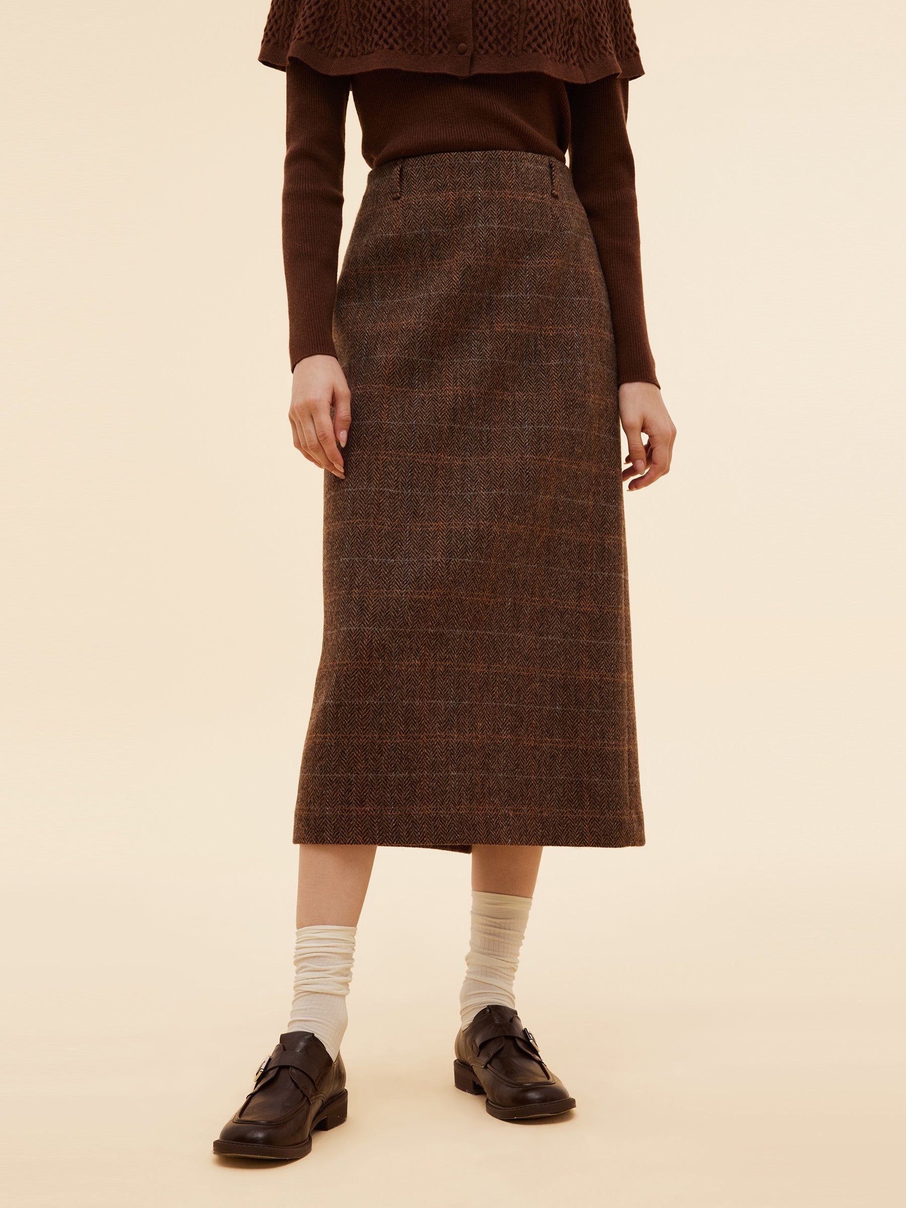 [Preview] 100% Wool Plaid Women Column Skirt GOELIA