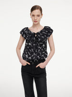 [Preview] Ribbon Print Tie Front Women Ruffle Blouse GOELIA
