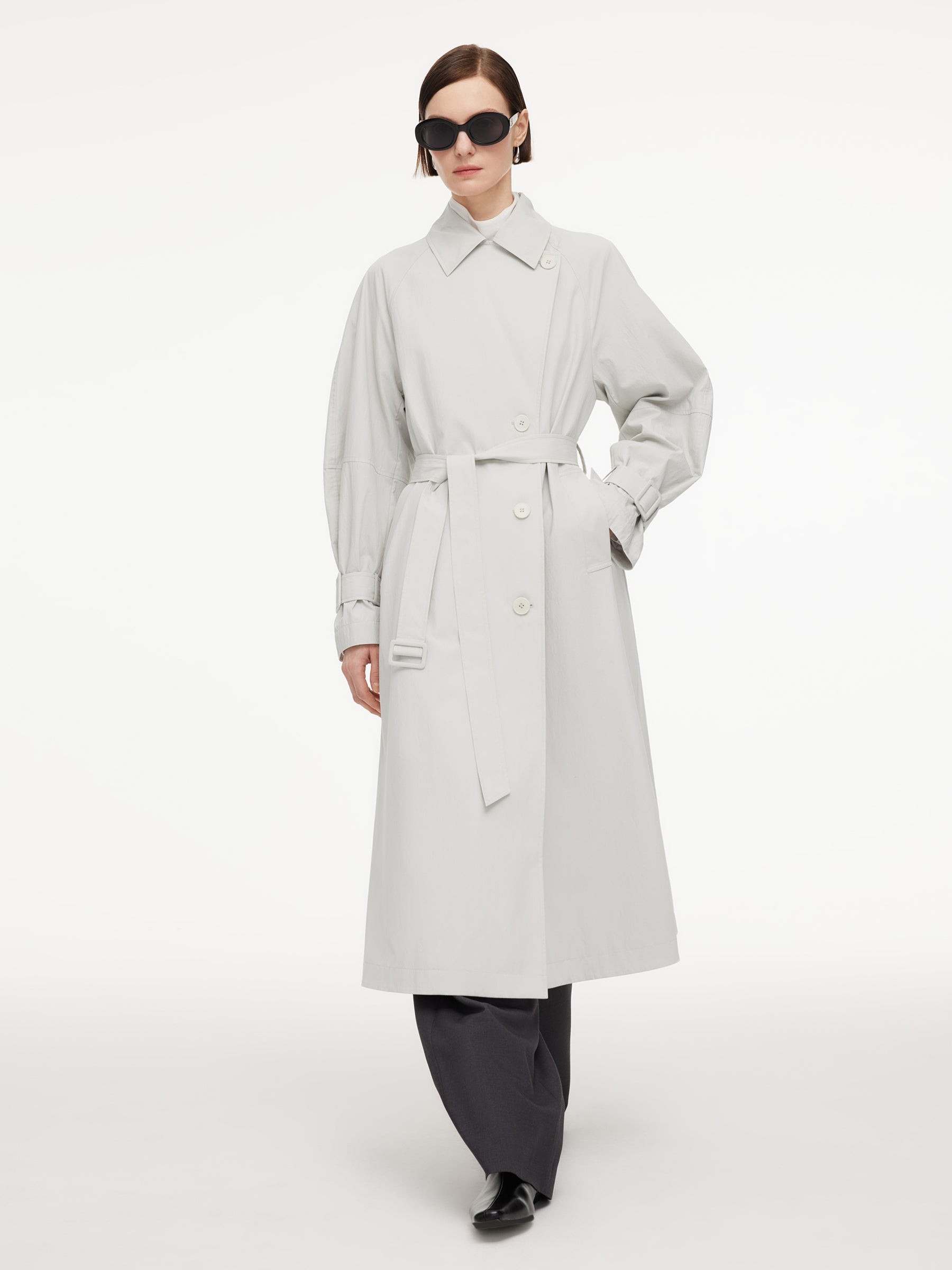 Cotton Blend Relaxed H-line Women Belted Long Trench Coat GOELIA